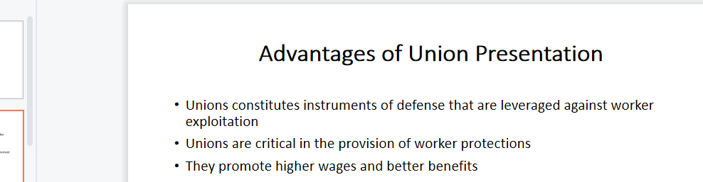 Create a PowerPoint presentation that outlines the advantages and disadvantages of union representation.