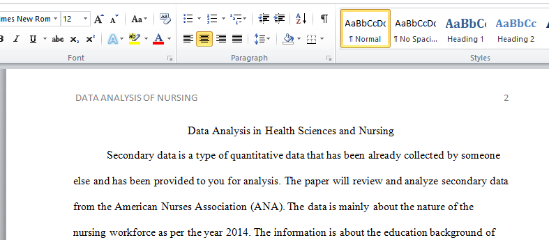 DATA ANALYSIS OF NURSING