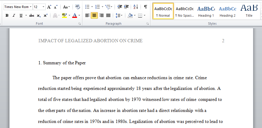 Impact of Legalized Abortion on Crime