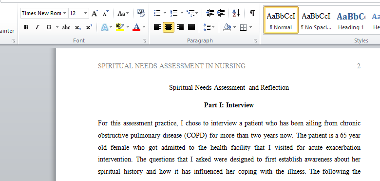 Spiritual Needs Assessment and Reflection
