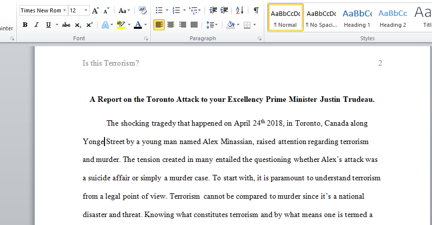 A Report on the Toronto Attack to your Excellency Prime Minister Justin Trudeau