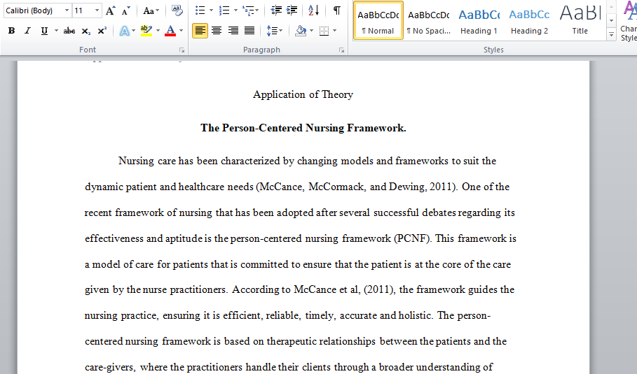 Application of nursing and health care Theory
