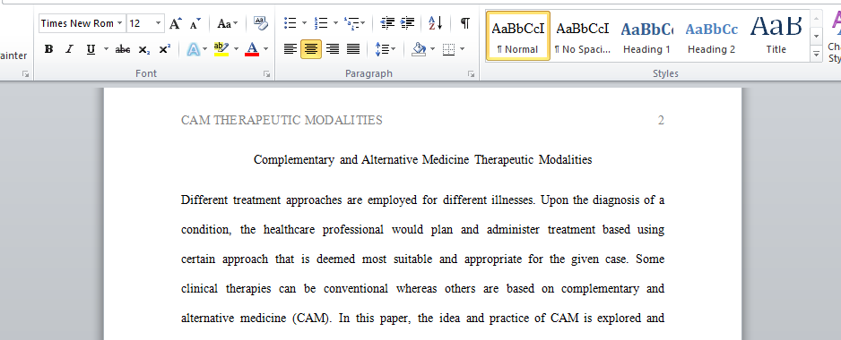Complementary and Alternative Medicine Therapeutic Modalities