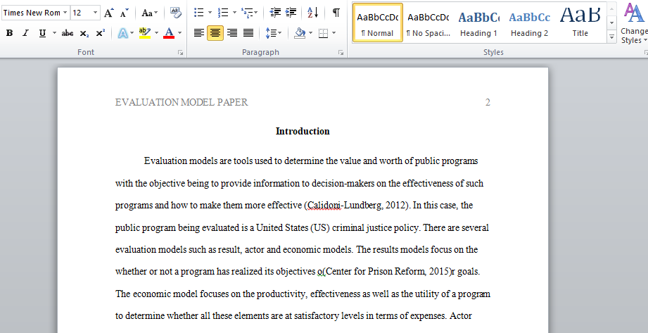 Evaluation model paper