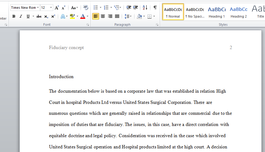 Fiduciary concept based on the decision of the High Court in Hospital Products Ltd v United