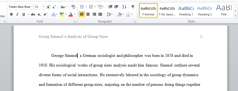 Georg Simmel’s Analysis of Group Sizes