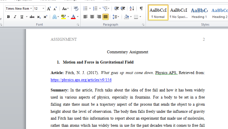 Motion and Force in Gravitational Field