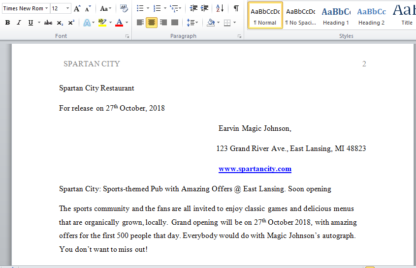 News Release on Opening of Spartan City Restaurant