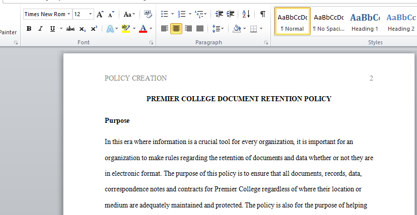 PREMIER COLLEGE DOCUMENT RETENTION POLICY