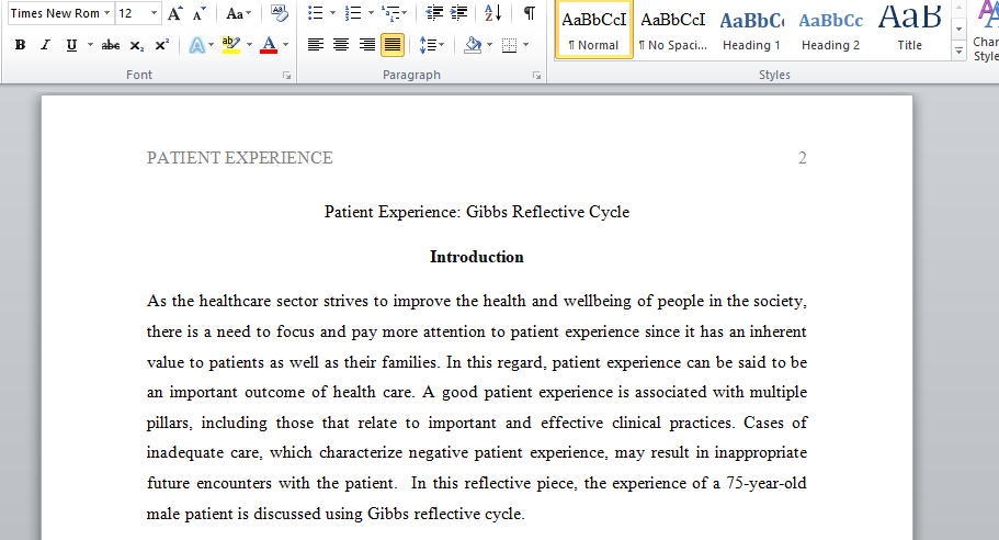 Patient Experience Gibbs Reflective Cycle