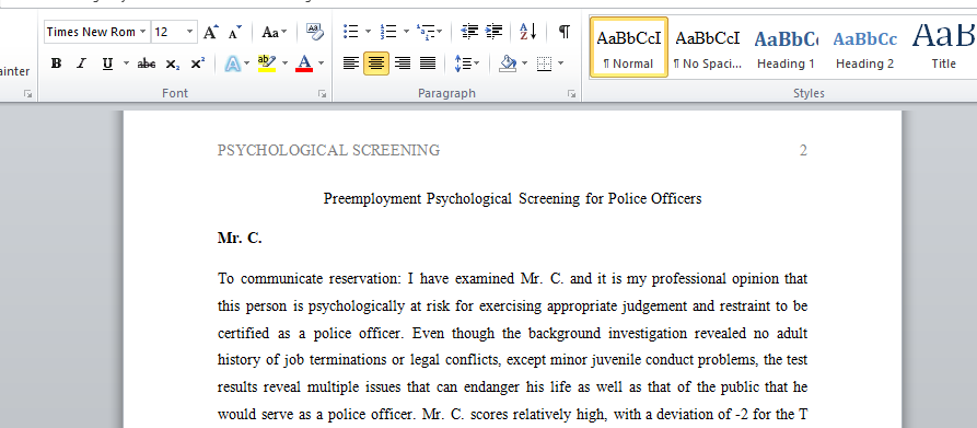 Preemployment Psychological Screening for Police Officers