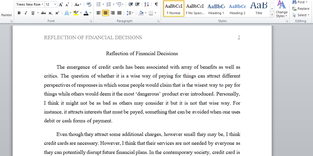 Reflection of financial decision