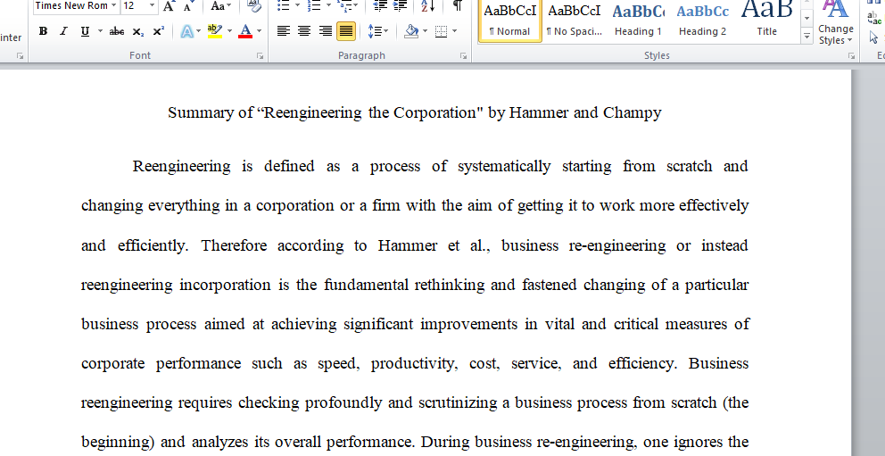 Summary of Reengineering the Corporation by Hammer and Champy