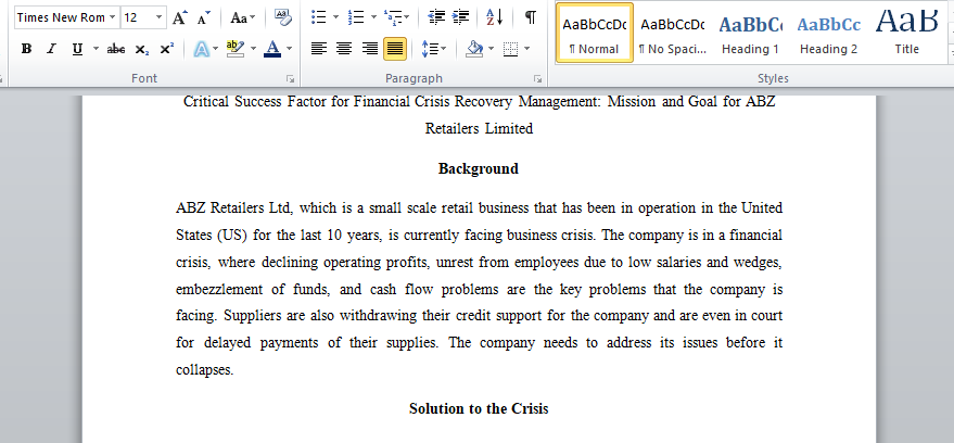 Critical Success Factor for Financial Crisis Recovery Management