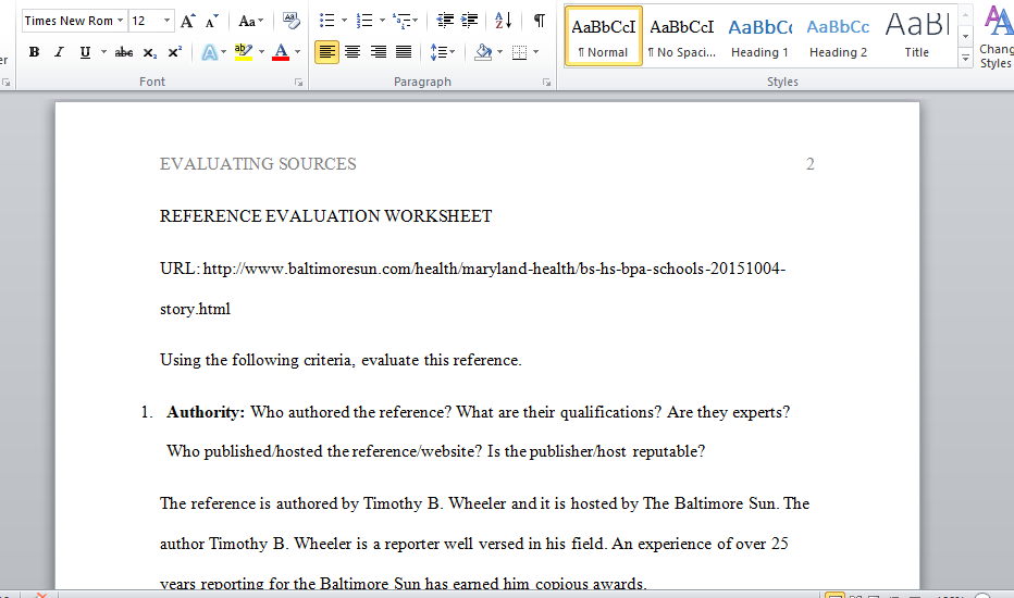 write a detailed reference evaluation worksheet