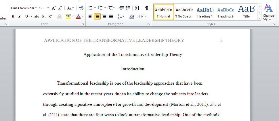 Application of the Transformative Leadership Theory