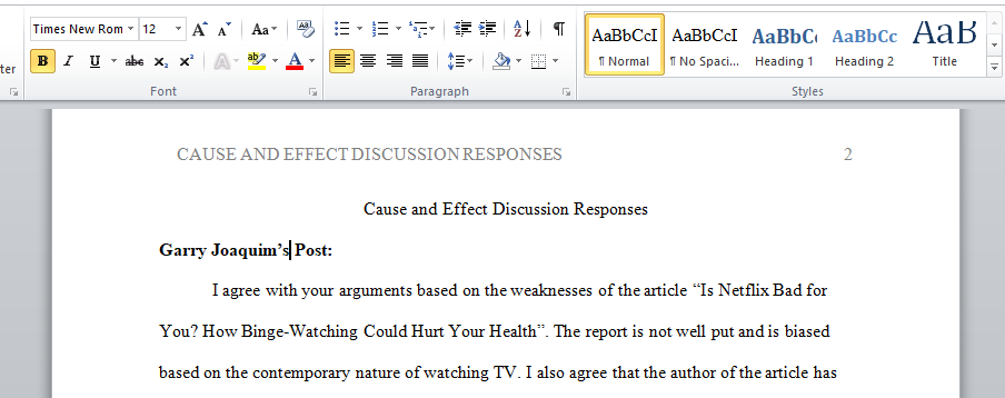 Cause and Effect Discussion Responses