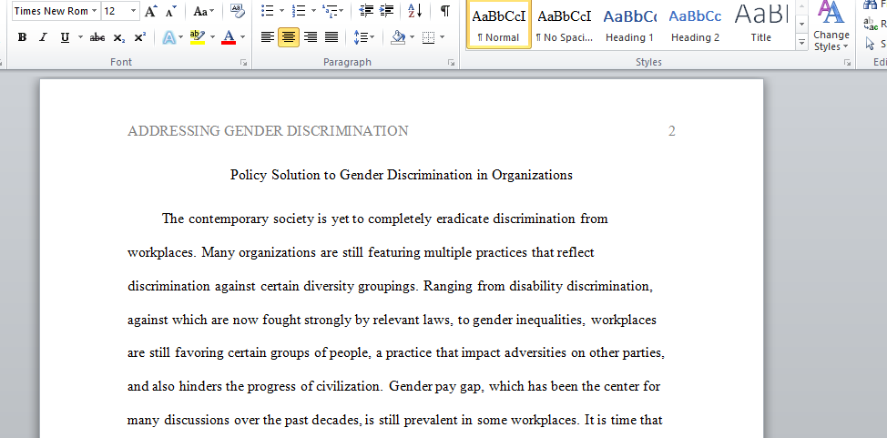 discuss the Policy Solution to Gender Discrimination in Organizations