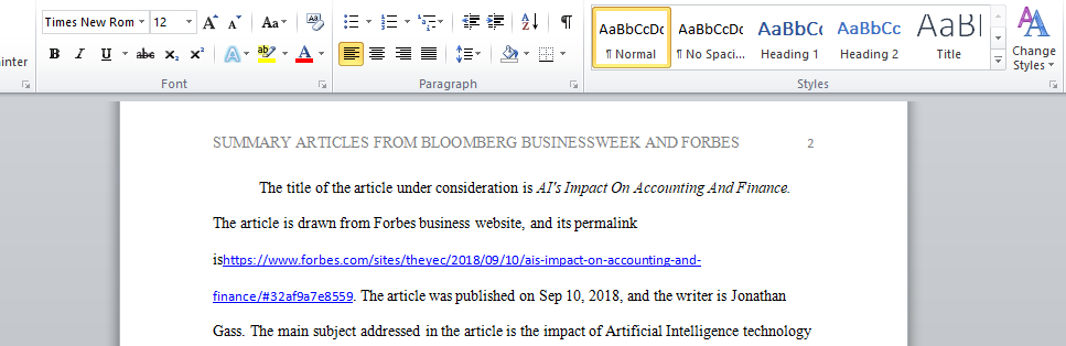 Summary essay of a business article from Forbes