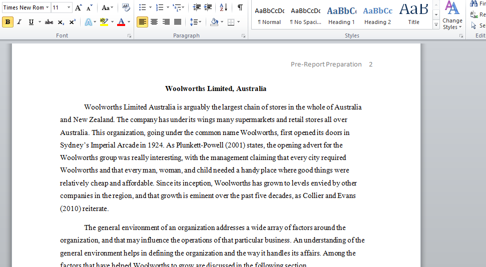 write a detailed business report of woolworth in Australia