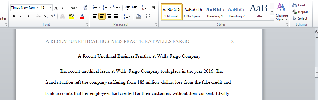 A Recent Unethical Business Practice at Wells Fargo Company