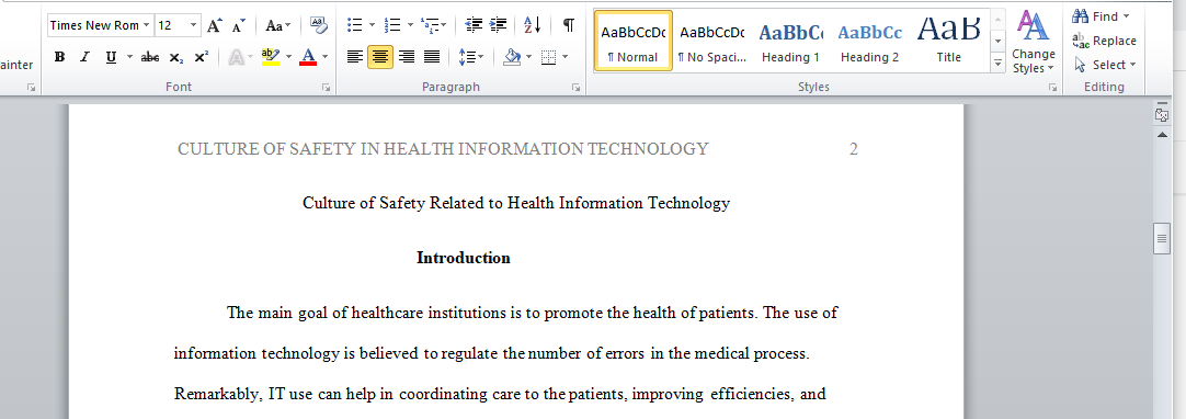 Culture of Safety Related to Health Information Technology
