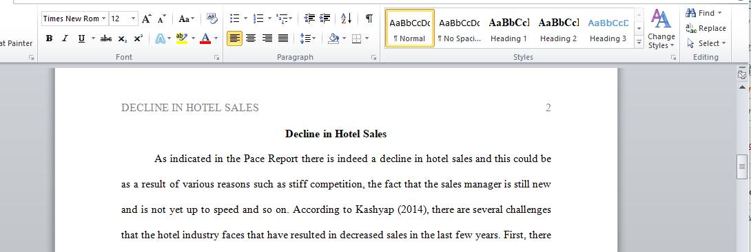 Decline in Hotel Sales