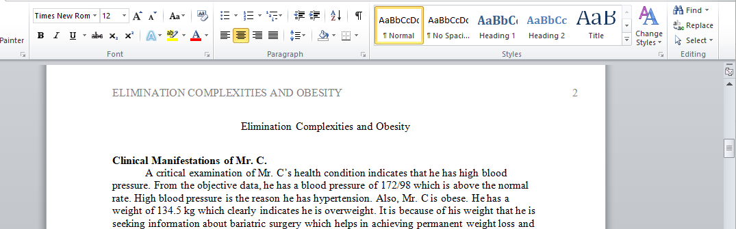 Elimination Complexities and Obesity