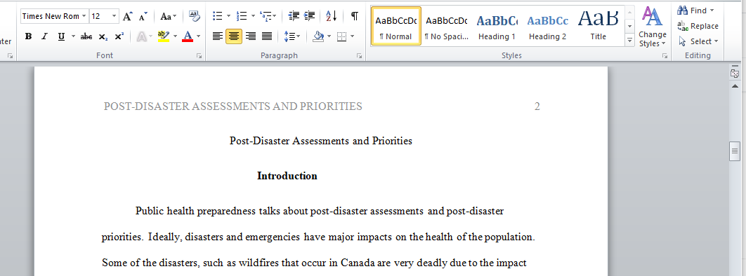 Post-Disaster Assessments and Priorities