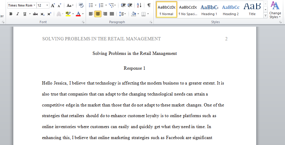 Write a response on Solving Problems in the Retail Management
