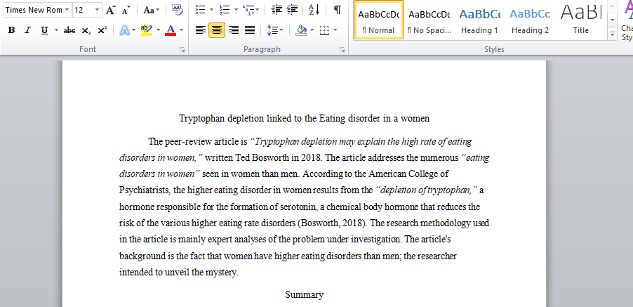 Tryptophan depletion linked to the Eating disorder in a women