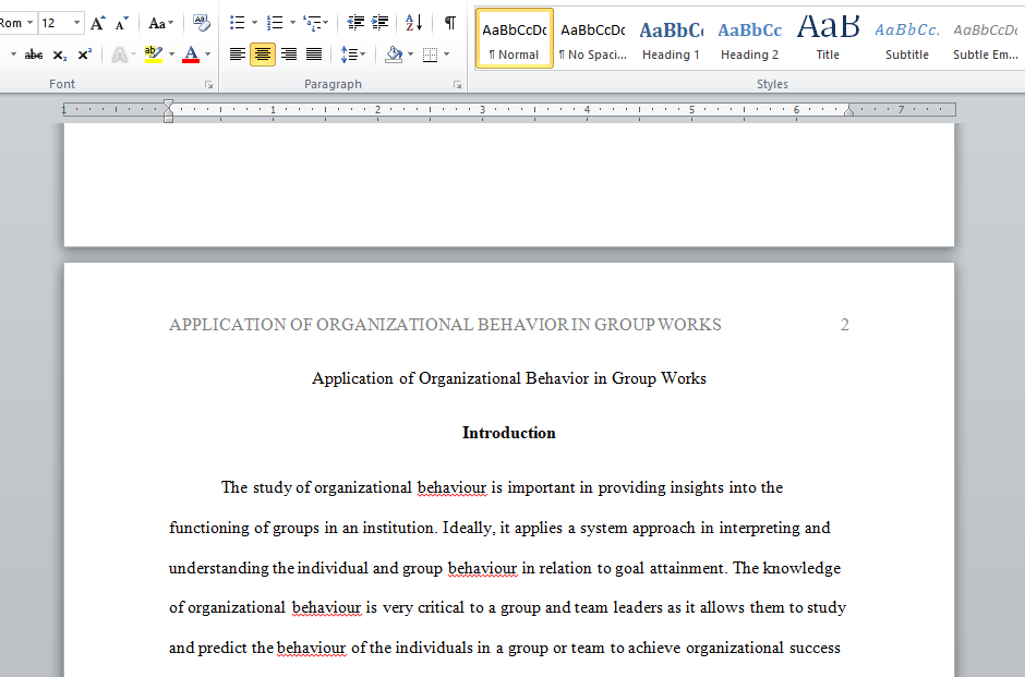 application of organizational behaviour in group works