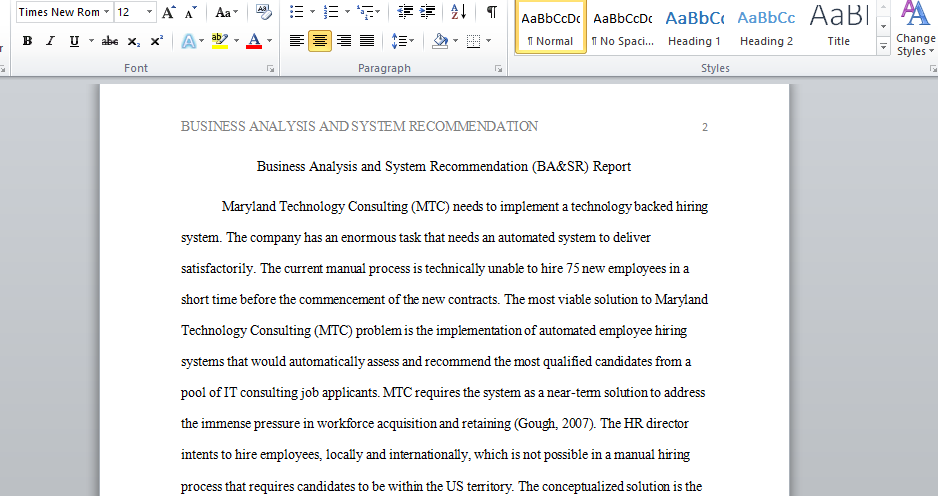 write a Business Analysis and System Recommendation (BA&SR) Report