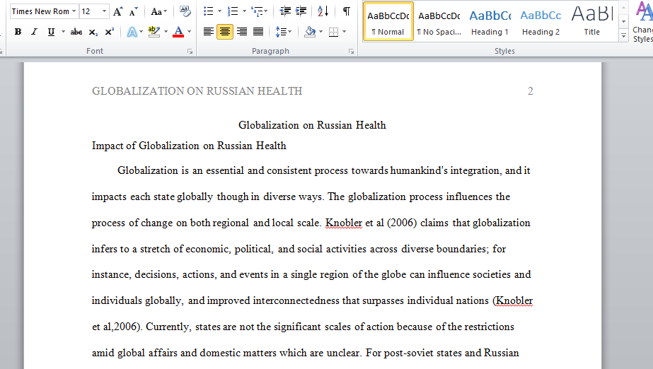Discuss the Globalization on Russian Health