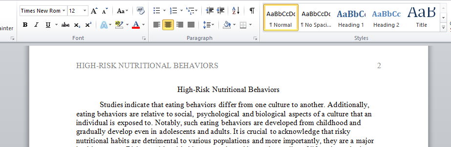 High-Risk Nutritional Behaviors