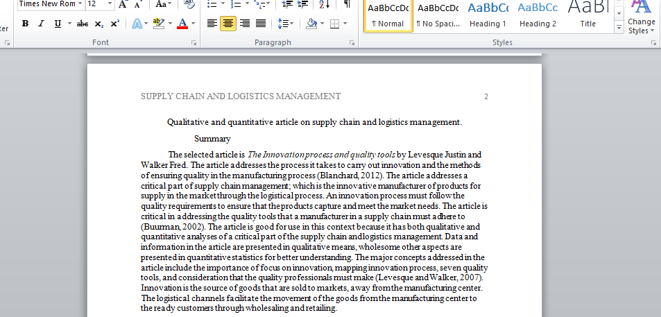 Qualitative and quantitative article on supply chain and logistics management