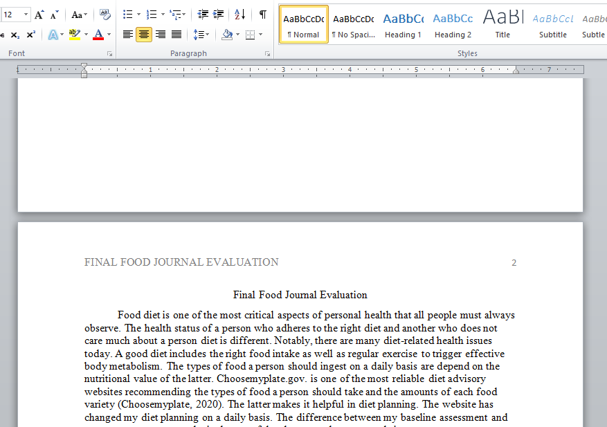 final food journal evaluation