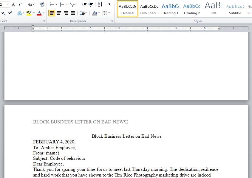 block business letter on bad news