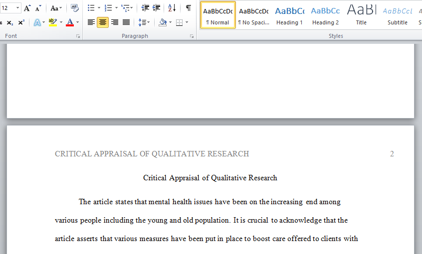 critical appraisal of qualitative research related to your health practice.