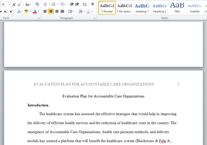 evaluation plan for accountable care organizations