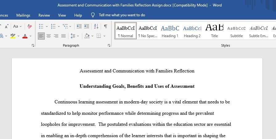 Benchmark - Assessment and Communication with Families - Reflection 