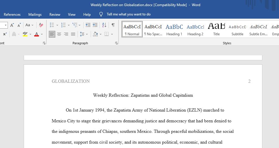 Weekly Reflection: Zapatistas and Global Capitalism