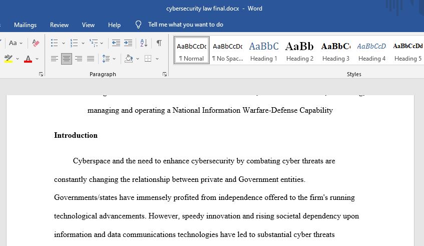 Legal Roles of Government and the Private Sector in a National Information Warfare-Defense