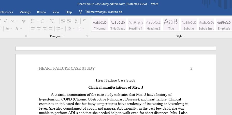 The paper analyzes a case study of patient with heart failure including the appropriate nursing interventions and cardiovascular conditions that may result to heart failure.