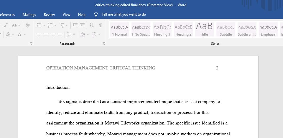 Operation Management Critical Thinking