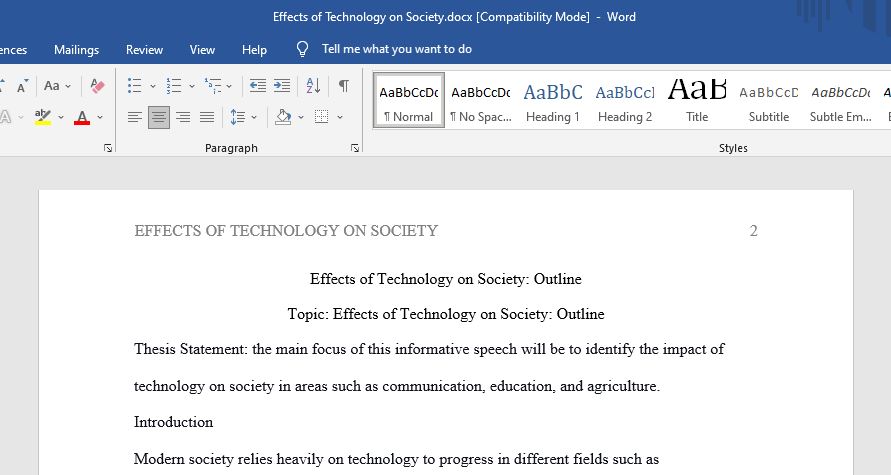 Effects of Technology on Society: Outline