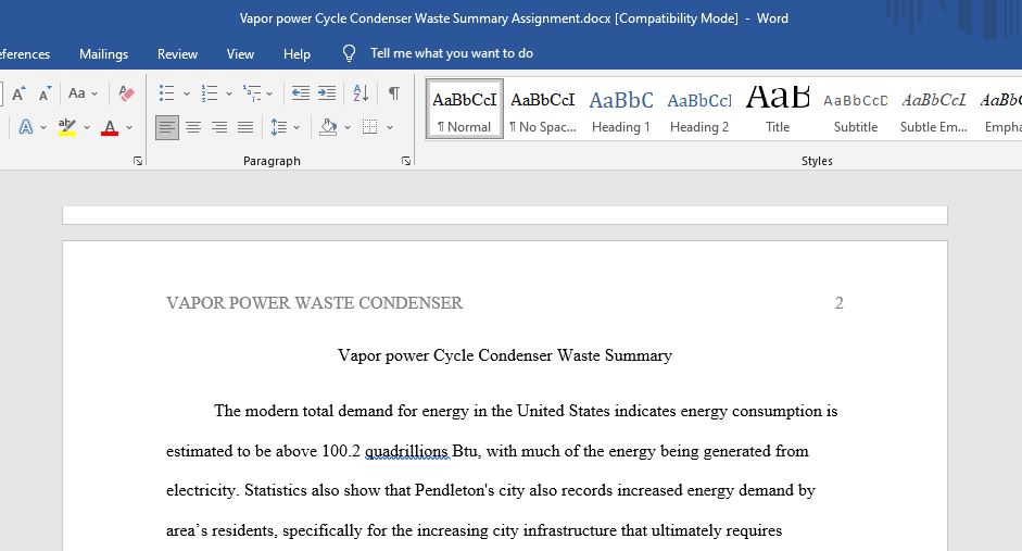 Vapor power Cycle Condenser Waste Summary