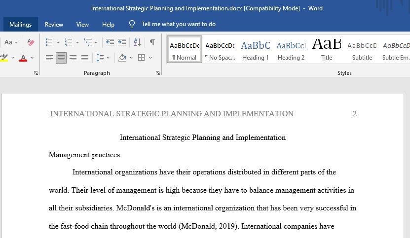 International Strategic Planning and Implementation