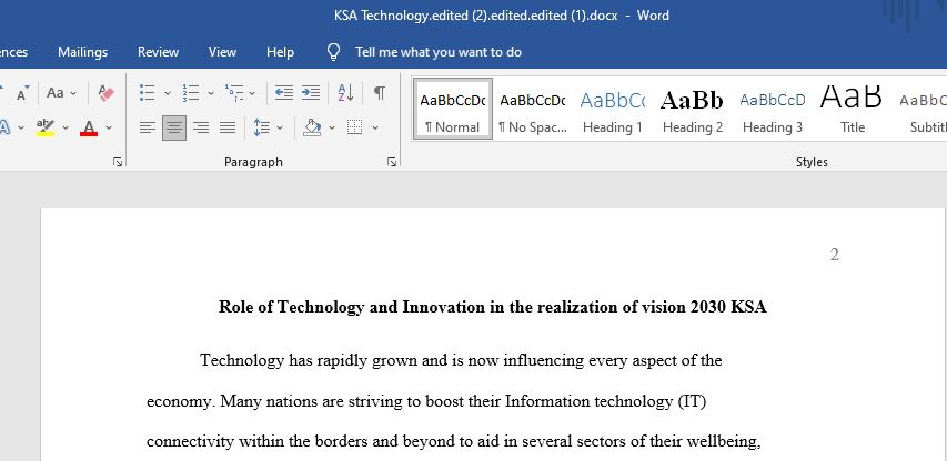 Write an essay on the ‘Role of Technology and Innovation in the realization of vision 2030 KSA’.