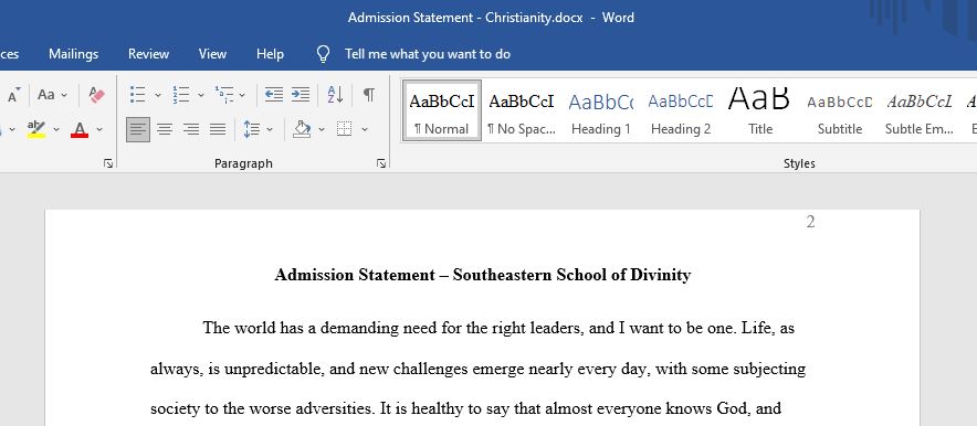 Topic: Admission Statement – Southeastern School of Divinity